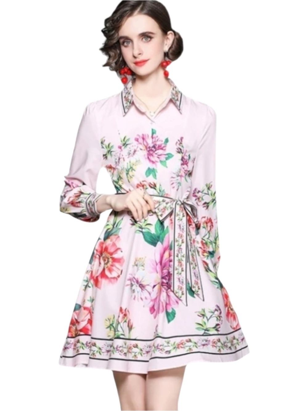 Dalia MacPhee Pink Floral Tie-Waist Mini Dress with Collared Neck